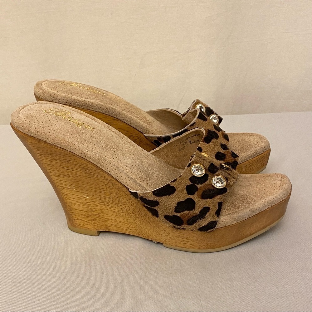 Bridget Glitz Wood Platform Sandals Animal Print Rhinestones Leather Shoes Sz 8 - Picture 2 of 12